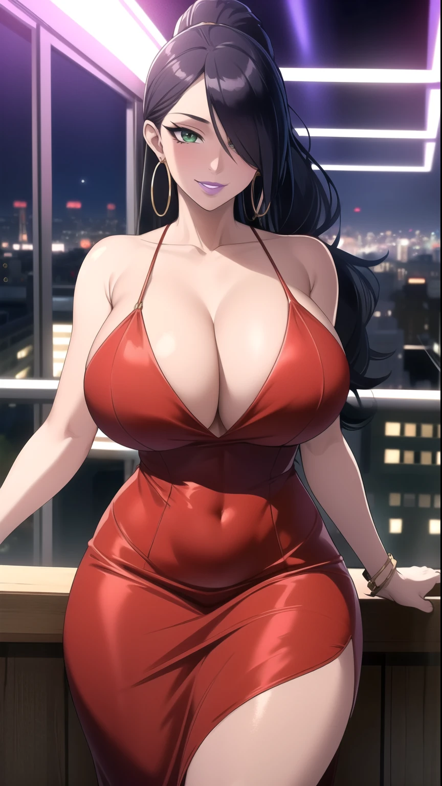 (masterpiece, High resolution, Highest quality:1.3), Professional artwork, 8K, Very detailed, complicated,  Vivid image, Sharp focus, Trending on pixiv
Aishwaryalei, alone, Mature Woman, 40 years old, Mature Woman, Curvy,  Pause, night_null, City lights, smile, View your viewers, 
Black Hair, Long Hair, ponytail, (Hair on one eye:0.8), Circlet, Purple lips, compensate, Green Eyes, Hoop Earrings, Perfect Eyes, Perfect Face, Ultra detailed hair, Detailed face,
, Red dress, Shiny, indoor, nightclub,
Curvy, (Thighs:0.7), Nipple slip, Huge breasts, Cleavage,lure
