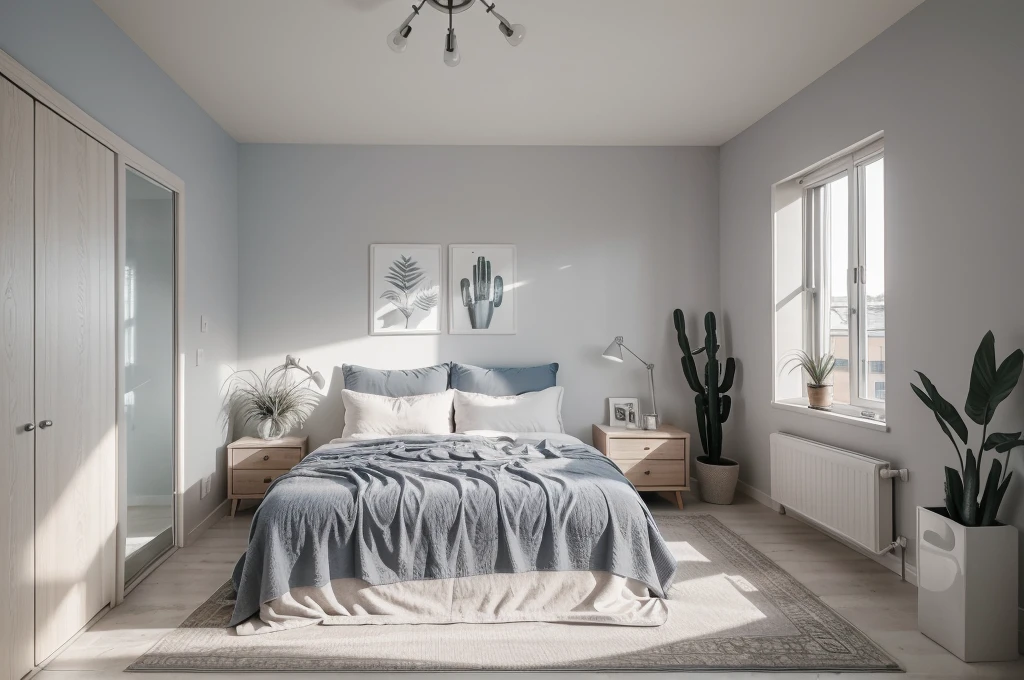 there is a bed with a blanket and pillows in a room, bedroom interior, picture of a loft in morning, fresh modern look, serene bedroom setting, small bedroom, cozy and calm, soft grey and blue natural light, inside of a bedroom, cozy bed, bedroom background, natural light in room, minimalist and clean, with cactus plants in the room, fresh modern style