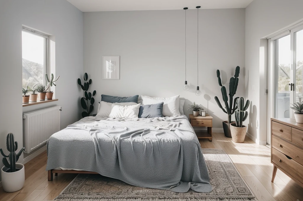 there is a bed with a blanket and pillows in a room, bedroom interior, picture of a loft in morning, fresh modern look, serene bedroom setting, small bedroom, cozy and calm, soft grey and blue natural light, inside of a bedroom, cozy bed, bedroom background, natural light in room, minimalist and clean, with cactus plants in the room, fresh modern style