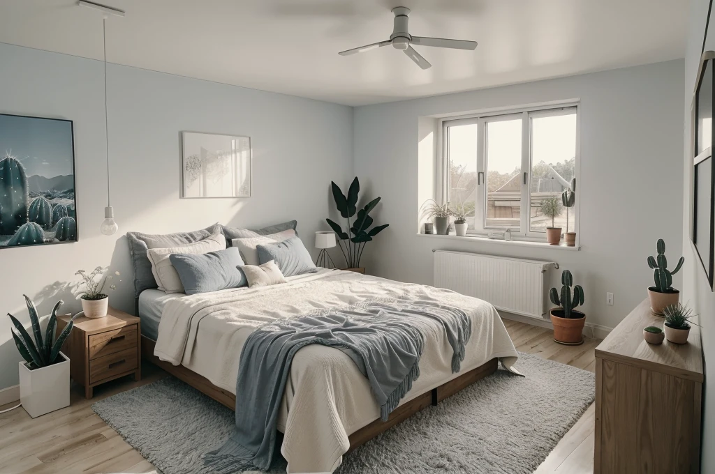 there is a bed with a blanket and pillows in a room, bedroom interior, picture of a loft in morning, fresh modern look, serene bedroom setting, small bedroom, cozy and calm, soft grey and blue natural light, inside of a bedroom, cozy bed, bedroom background, natural light in room, minimalist and clean, with cactus plants in the room, fresh modern style