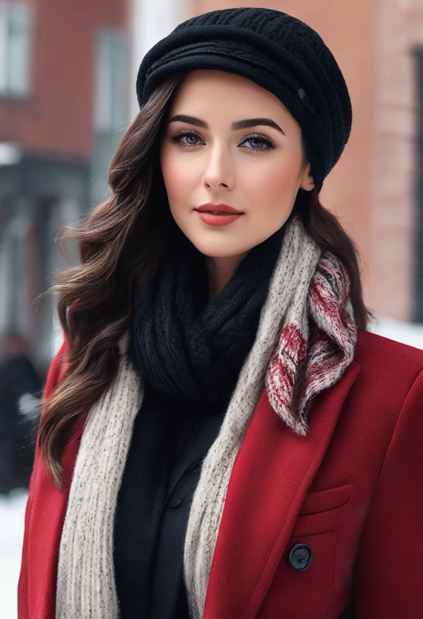 ✅Hair with braid and winter scarf a sophisticated businesswoman, with black hair braided on the sides and down to the shoulders, Linda, elegant and sophisticated in formal clothes and blazer and winter and the winter scarf with fur PASHMINA winter elegant chic and fashion and with winter cap on the head, the clothes have details in red and black. She is 26 years old. she must have her mouth closed, Linda maquiagem, your hand must be ultra HD realistic human. With well-groomed and realistic hands, she poses for a photo shoot and close-up shots. photo 3d 4k