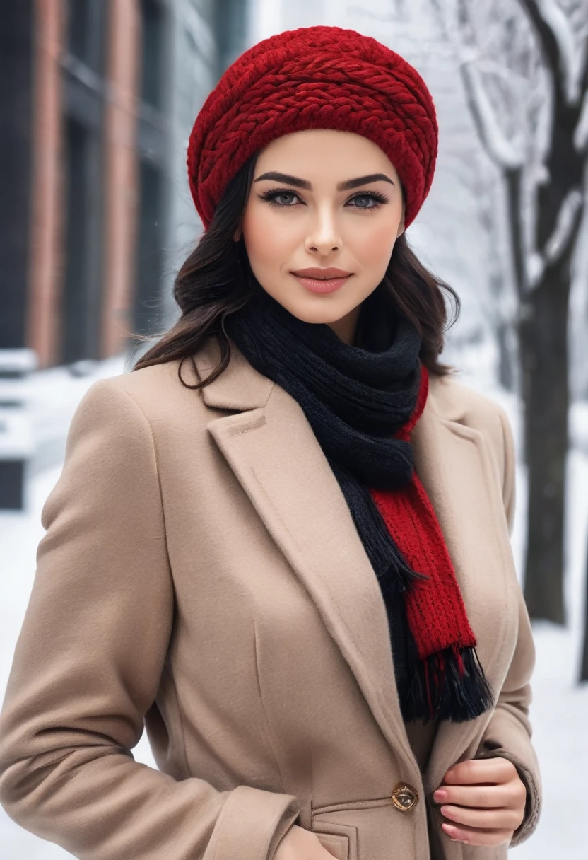 ✅Hair with braid and winter scarf a sophisticated businesswoman, with black hair braided on the sides and down to the shoulders, Linda, elegant and sophisticated in formal clothes and blazer and winter and the winter scarf with fur PASHMINA winter elegant chic and fashion and with winter cap on the head, the clothes have details in red and black. She is 26 years old. she must have her mouth closed, Linda maquiagem, your hand must be ultra HD realistic human. With well-groomed and realistic hands, she poses for a photo shoot and close-up shots. photo 3d 4k