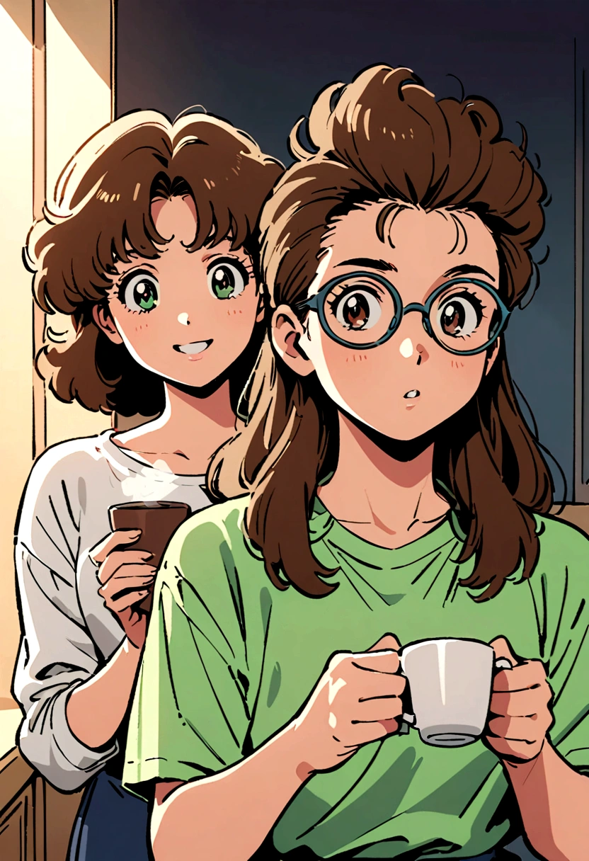 draw style, 80s anime, guy with hair slicked back, wearing round glasses, brown eyes, giving cup of coffee to his girlfriend, short brown messy hair with green eyes, good morning