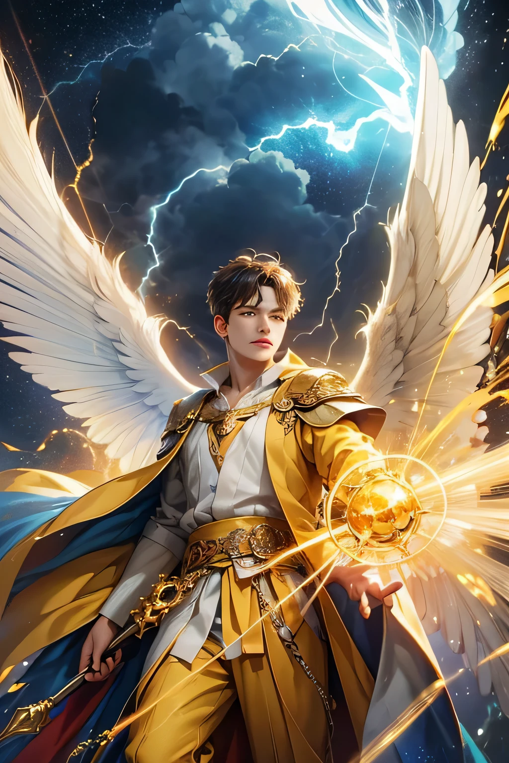 "Create an ultra-realistic image of a handsome, young male fairy, around , with magnificent large wings that capture the essence of the sky and thunder. He should be holding a magical staff that emanates the energy of the sky and crackling thunder. Dress him in an elegant, varied yellow outfit that reflects the brilliance and dynamism of the sky. Surround him with elements like swirling clouds and flashes of lightning to showcase his connection to these elements. Include a distinct sky or thunder symbol or design on his body, signifying his role as the keeper of the deep sky and thunder, and highlighting the powerful celestial energy he embodies within him."