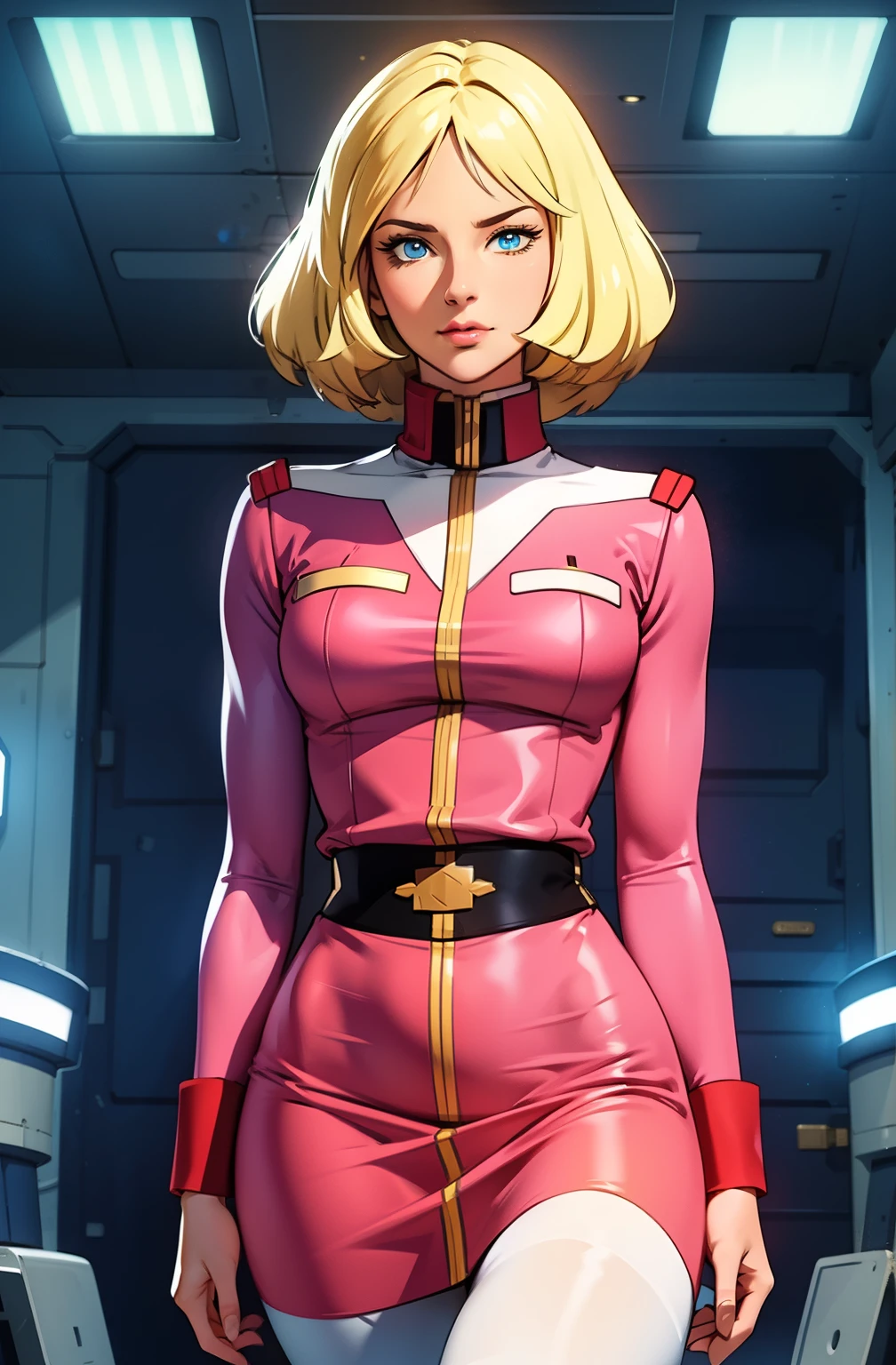 ((masterpiece)), ((cinematic lighting)), realistic photo、Real Images、Top image quality、1girl in, sayla mass, Elegant, masterpiece, Convoluted, slim arms, wide hips, thick thighs, thigh gaps, Best Quality, absurderes, high face detail, Perfect eyes, mature, Cowboy Shot, , Vibrant colors, soft pink uniform, soft pink Skirt, white tights