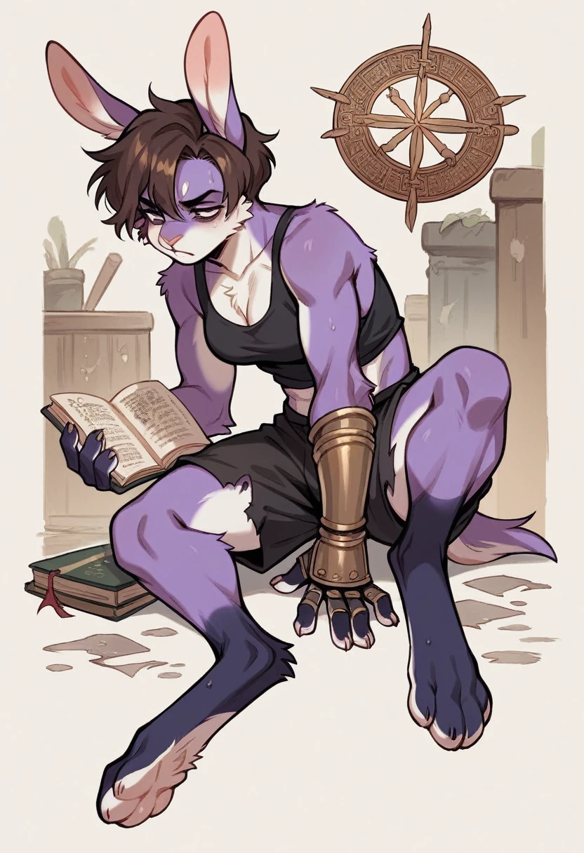 create a picture of a female half rabbit character with purple giant rabbit digitigrade legs with white paws, put purple rabbit ears on top of her head, make her wearing a black athletic tank top and black shorts, put purple fur on her arms from her elbows down, give her short brown hair, make her legs look fluffy and furry, make it in an anime style, make her outfit slightly tattered and torn, make her look super tired, give her black gauntlets, make the background look like a pitch black wet environment, make her reading an ancient book