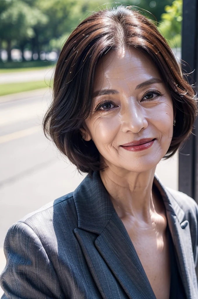 (masterpiece:1.4),(66-year-old woman:1.5),(Facial wrinkles:1.2),A kind smile,Motherhood Mature Woman, business suit, outside