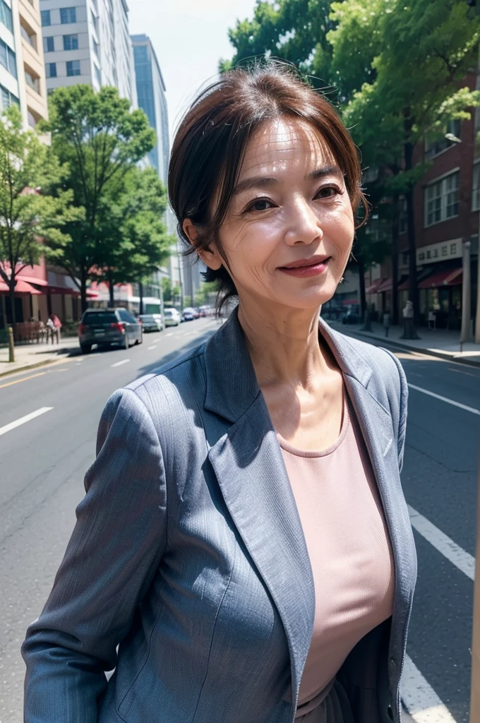 (masterpiece:1.4),(66-year-old woman:1.5),(Facial wrinkles:1.2),A kind smile,Motherhood Mature Woman, business suit, outside