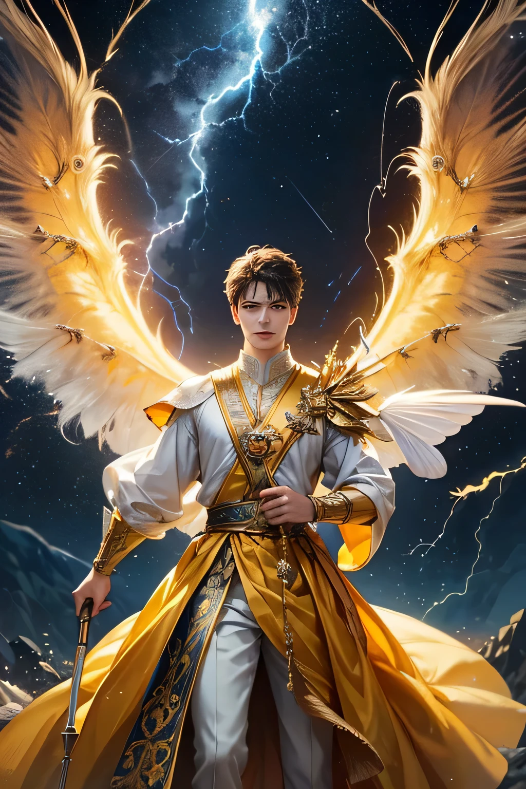 "Create an ultra-realistic image of a handsome, young male fairy, around , with magnificent large wings that capture the essence of the sky and thunder. He should be holding a magical staff that emanates the energy of the sky and crackling thunder. Dress him in an elegant, varied yellow outfit that reflects the brilliance and dynamism of the sky. Surround him with elements like swirling clouds and flashes of lightning to showcase his connection to these elements. Include a distinct sky or thunder symbol or design on his body, signifying his role as the keeper of the deep sky and thunder, and highlighting the powerful celestial energy he embodies within him."