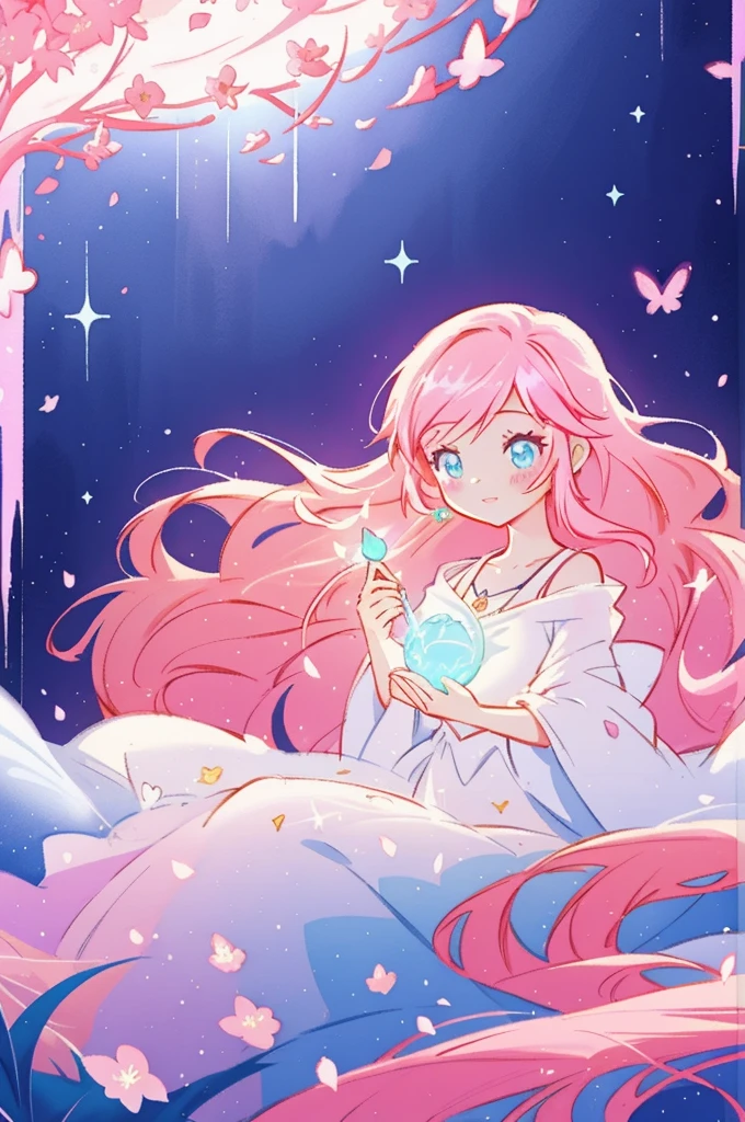 beautiful girl in white arabian style dress, long colorful pink hair, watercolor illustration, inspired by Glen Keane, inspired by Lois van Baarle, disney art style, by Lois van Baarle, glowing aura around her, by Glen Keane, jen bartel, glowing lights! digital painting, flowing glowing hair, glowing flowing hair, beautiful digital illustration, fantasia otherworldly landscape plants flowers, beautiful, masterpiece, best quality, anime disney style