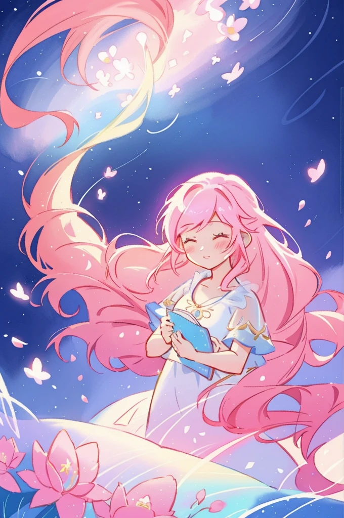 beautiful girl in white arabian style dress, long colorful pink hair, watercolor illustration, inspired by Glen Keane, inspired by Lois van Baarle, disney art style, by Lois van Baarle, glowing aura around her, by Glen Keane, jen bartel, glowing lights! digital painting, flowing glowing hair, glowing flowing hair, beautiful digital illustration, fantasia otherworldly landscape plants flowers, beautiful, masterpiece, best quality, anime disney style