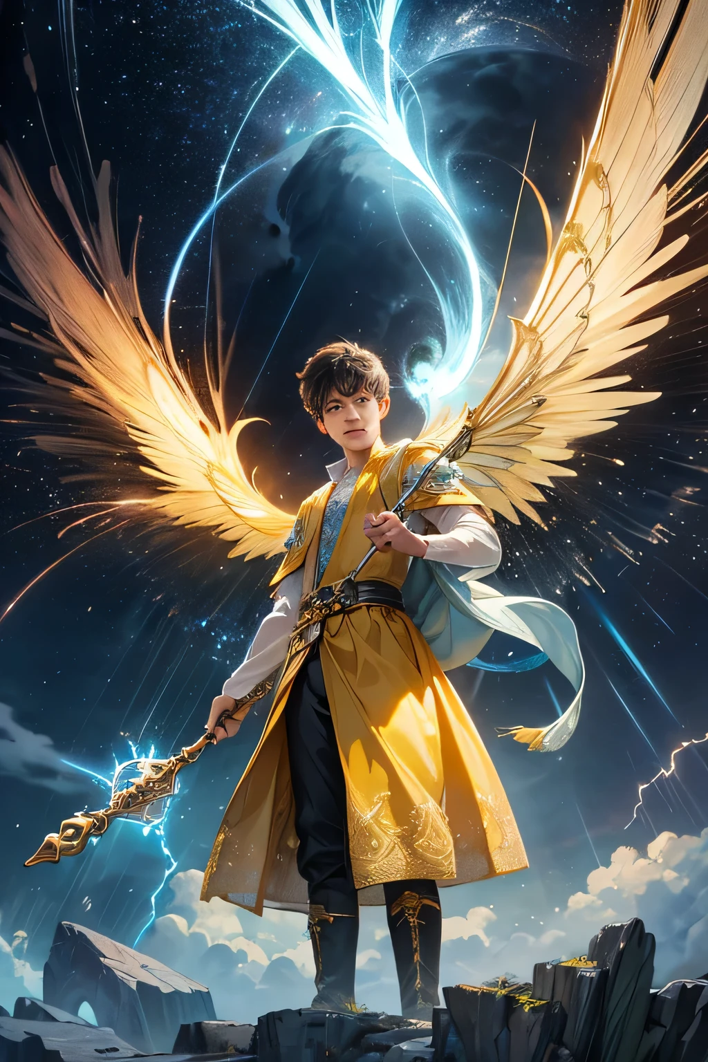 "Create an ultra-realistic image of a handsome, young male fairy, around 13 years old, with magnificent large wings that capture the essence of the sky and thunder. He should be holding a magical staff that emanates the energy of the sky and crackling thunder. Dress him in an elegant, varied yellow outfit that reflects the brilliance and dynamism of the sky. Surround him with elements like swirling clouds and flashes of lightning to showcase his connection to these elements. Include a distinct sky or thunder symbol or design on his body, signifying his role as the keeper of the deep sky and thunder, and highlighting the powerful celestial energy he embodies within him."