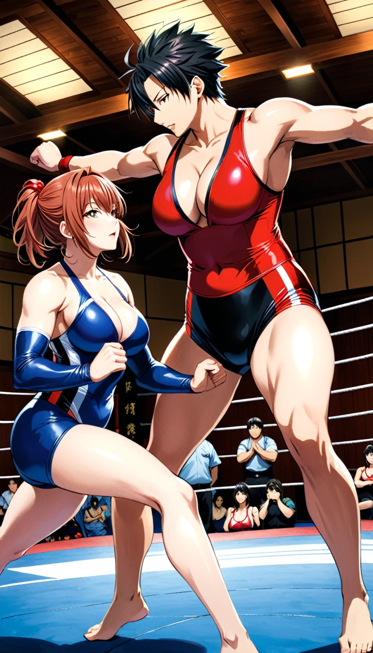 (in style of Takeshi Obata:1.3),
(+18) , (Top quality, masterpiece), Japanese personal model, colossal, freestyle wrestling suit, two enchanting women, breast cleavage, dojo, image quality at the highest level, in a close and intense fight, 