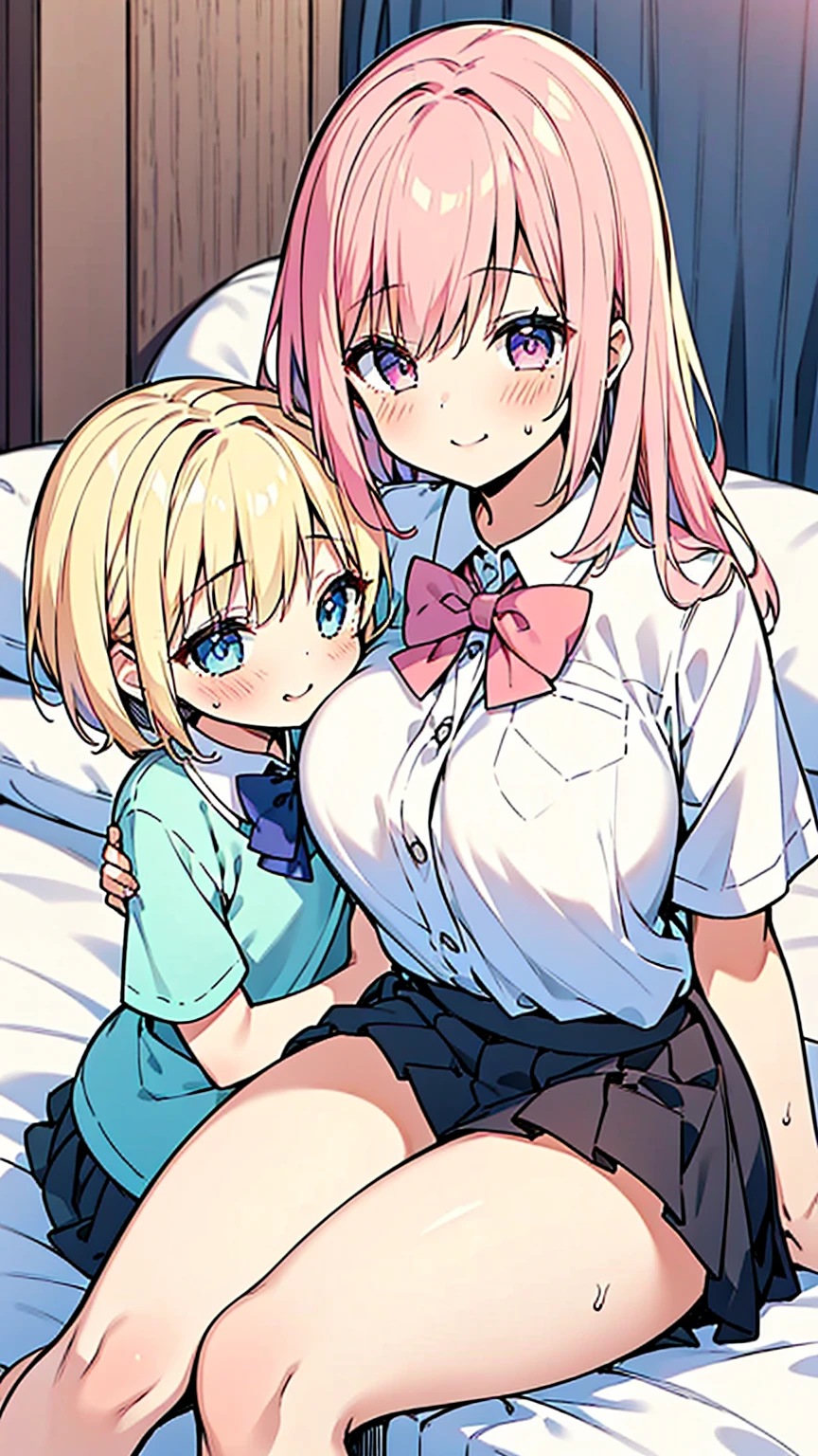 masterpiece, Highest quality, so beautiful, Absurd,High resolution,One girl, ((((One boy)))),Cuddling in bed, like,sexy,Look at each one, blush,Age difference,bow tie,Blonde,chest,Long Hair,Pink Hair,pleated skirt,Tucked in shirt,short hair,skirt,smile,Tent shirt