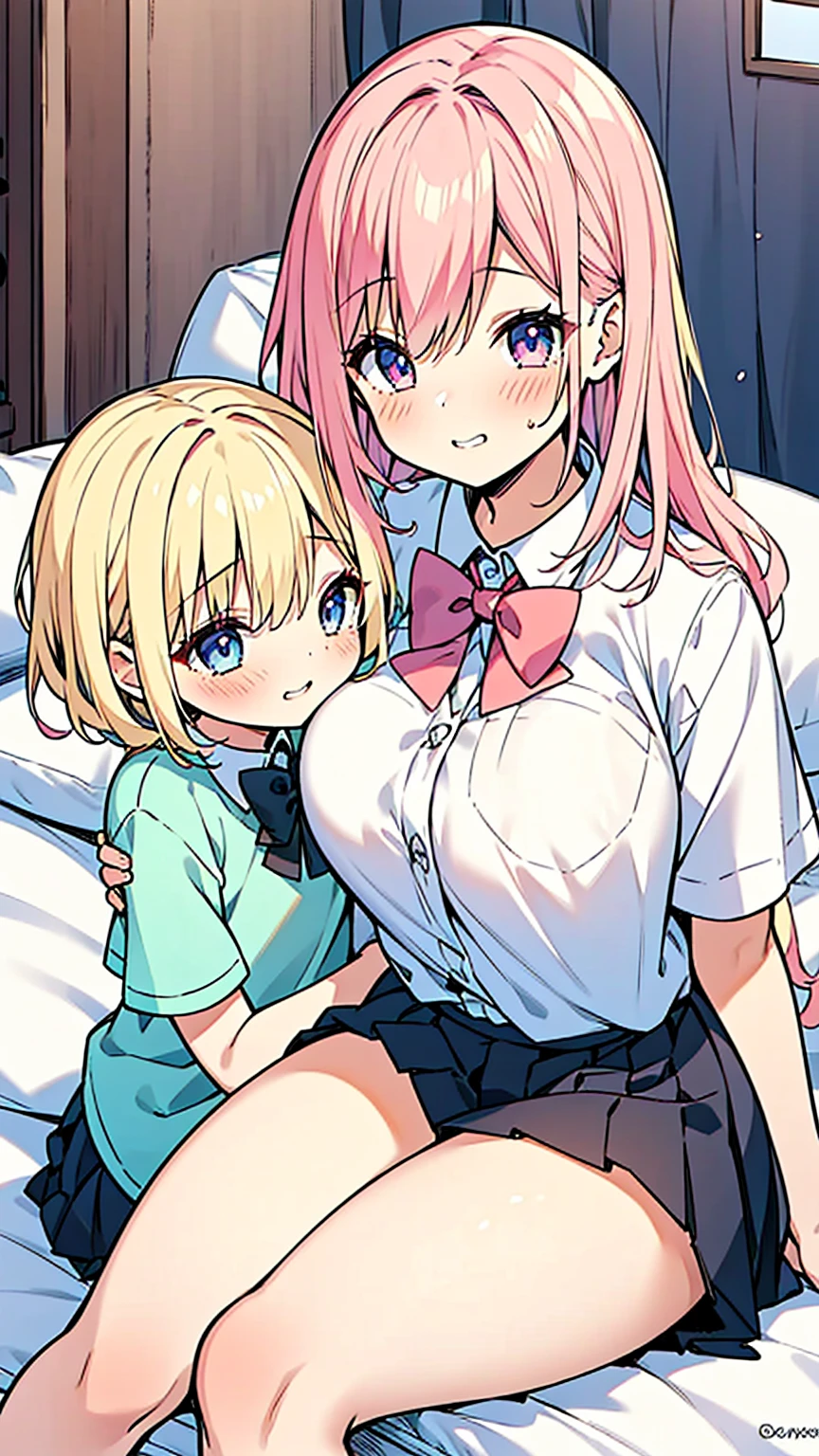 masterpiece, Highest quality, so beautiful, Absurd,High resolution,One girl, ((((One boy)))),Cuddling in bed, like,sexy,Look at each one, blush,Age difference,bow tie,Blonde,chest,Long Hair,Pink Hair,pleated skirt,Tucked in shirt,short hair,skirt,smile,Tent shirt