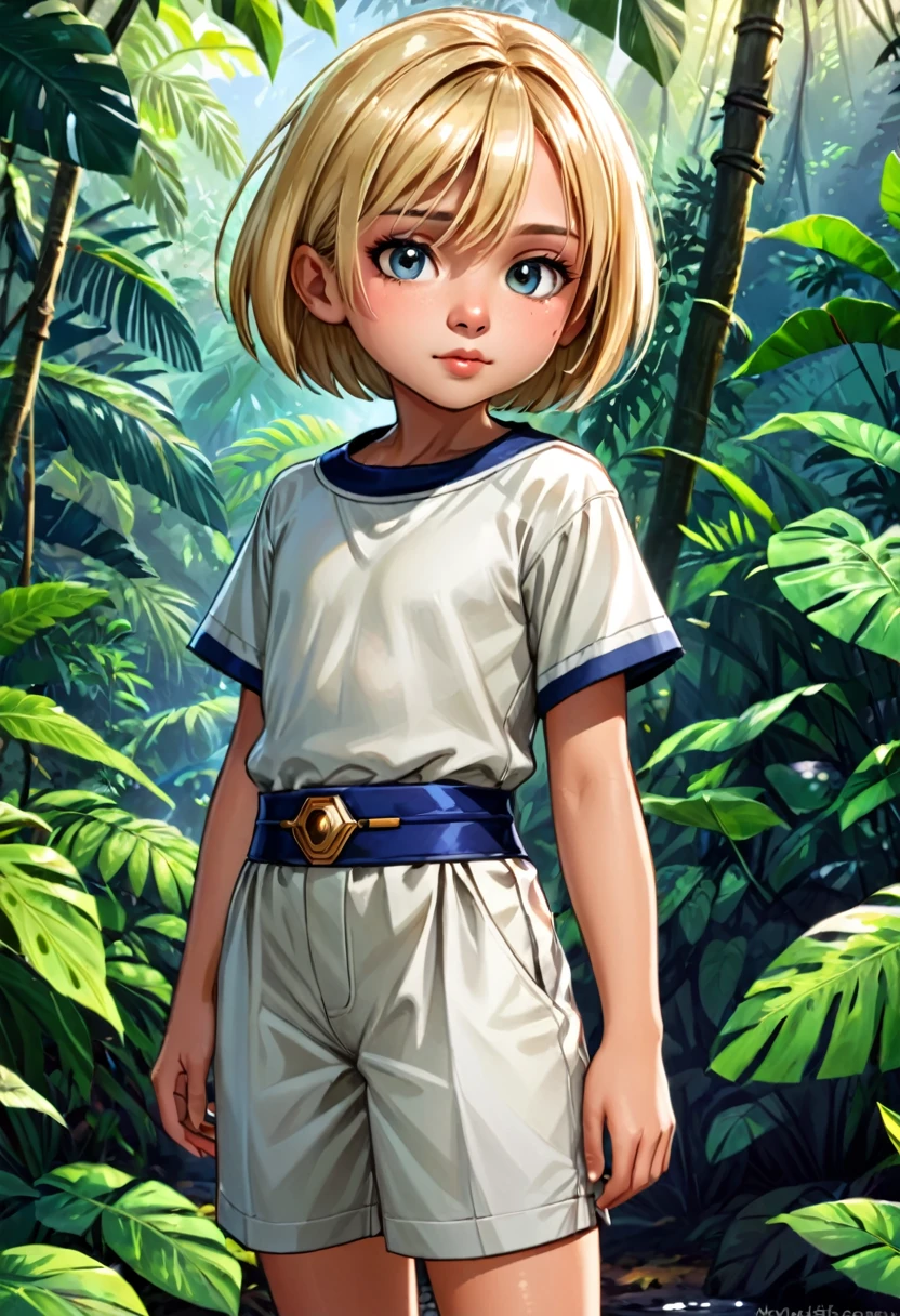 a handsome cute , blonde bob haircut, colonization outfit age, at the jungle