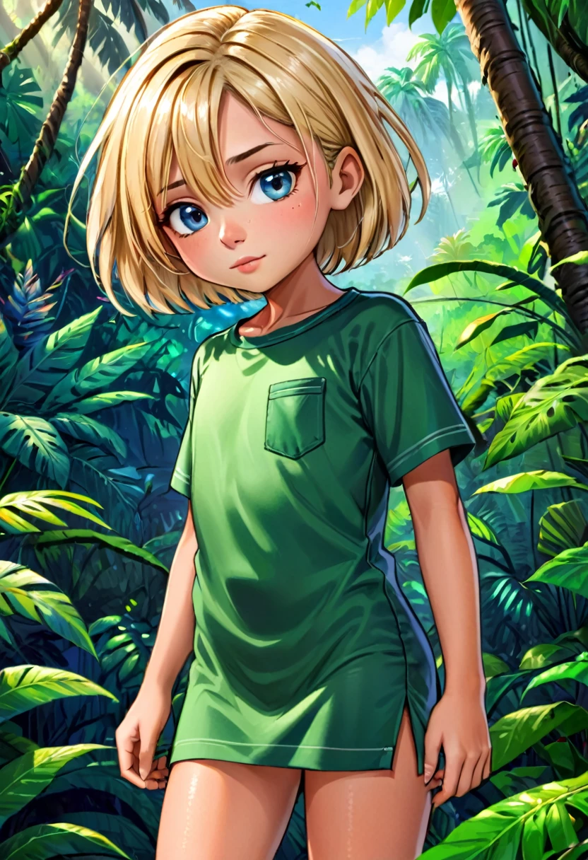 a handsome cute 8  , blonde bob haircut, colonization outfit age, at the jungle
