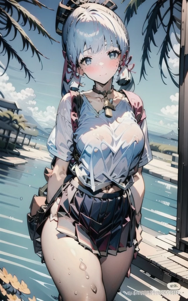 (masterpiece, best quality, Extremely detailed, Super Resolution), Kamisato, blush, breast, cleveage, clavicle, foot, leaf, Looking at the audience, Moles under the eyes, No shoes, Palm tree, pleated skirt, Potted plants, Ribbon, transparent, shirt, Short sleeve, sit, skirt, soaking foot, Solitary, High Leg Raise, underwear, water, wet, wet clothes, wet shirt, White Leg Clothing, white shirt, window