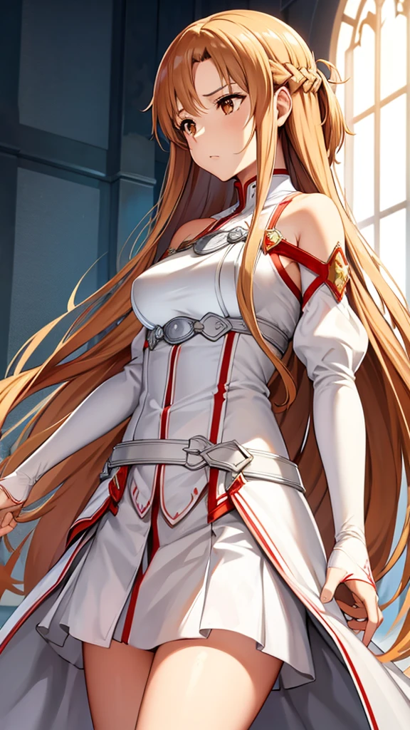 aaasuna, long hair, brown hair, braid, brown eyes, bare shoulders, armor, cuirass, white sleeves, separate sleeves, (no skirt), white thighs, white micro thong,