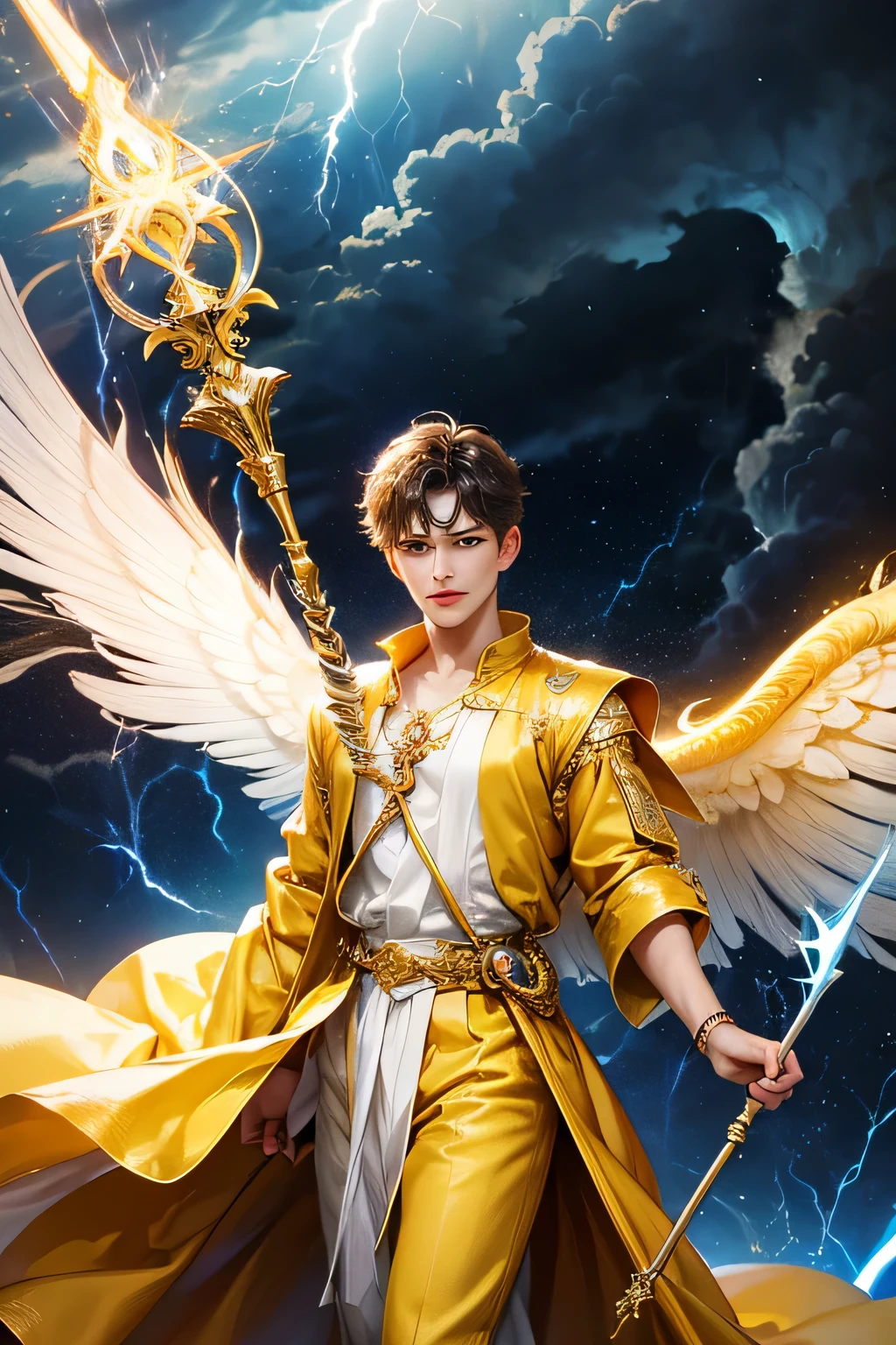 "Create an ultra-realistic image of a handsome, young male fairy, around , with magnificent large wings that capture the essence of the sky and thunder. He should be holding a magical staff that emanates the energy of the sky and crackling thunder. Dress him in an elegant, varied yellow outfit that reflects the brilliance and dynamism of the sky. Surround him with elements like swirling clouds and flashes of lightning to showcase his connection to these elements. Include a distinct sky or thunder symbol or design on his body, signifying his role as the keeper of the deep sky and thunder, and highlighting the powerful celestial energy he embodies within him."