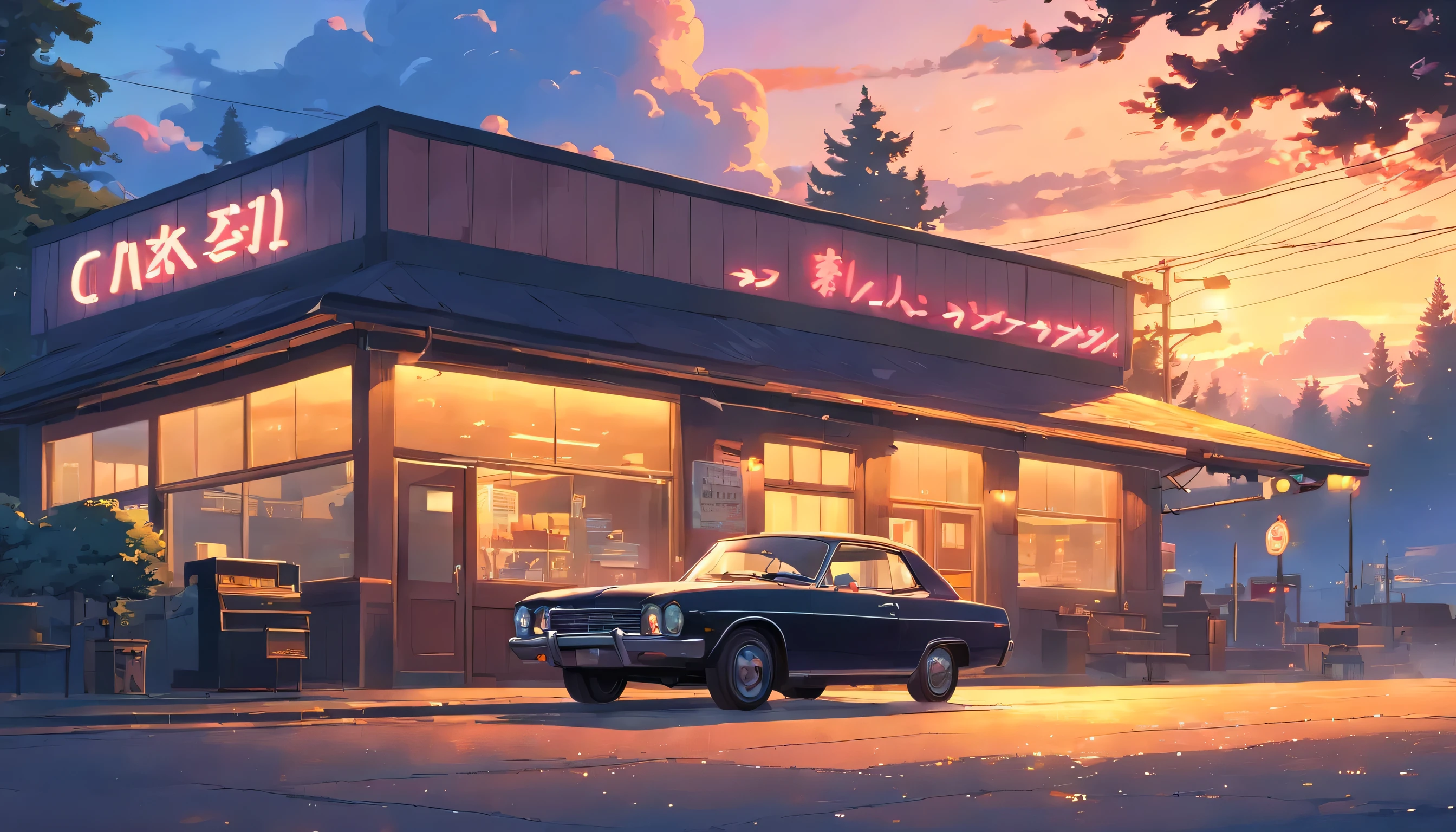 Old usa motorest. Sunset. Clouds, neon sign,side view, black car standing on parking next to entrance, cozy atmosphere, getting late, autunum, motorest is in middle of forest, pov view on scene, wooden usa style of building, 