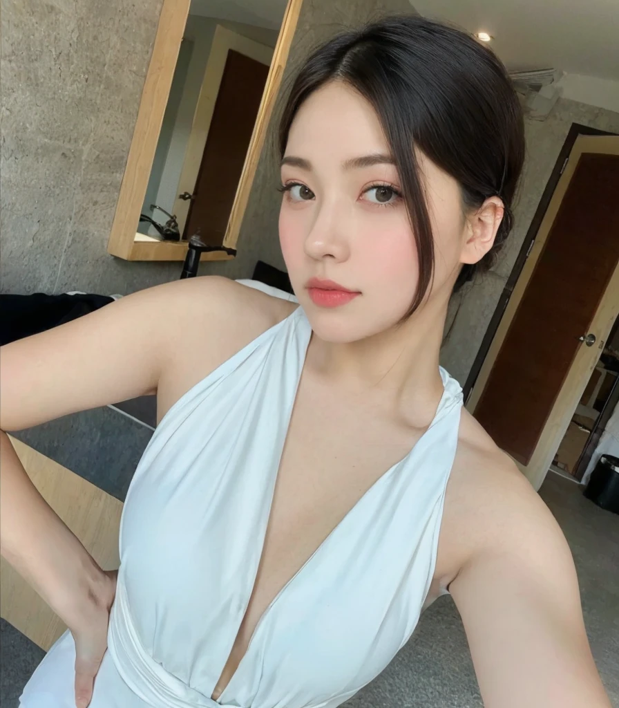 (best quality,8k,highres,masterpiece:1.2), realistic, photorealistic:1.37, UHD, studio lighting, sharp focus, extreme detail description, professional, vivid colors, bokeh, portraits, extremely detailed face texture, beautiful detailed eyes, beautiful detailed lips, extremely detailed hair, dark colored hair, youthful appearance, big round breast, cleavage, proportional eyes, seducing smile, clean and natural face, no makeup, bare face, indonesian face,
