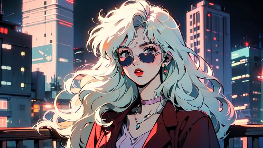 (80's, Retro, City Pop:1.5), (Album cover), (masterpiece, Highest quality, Exquisite detail), (anime, figure), (pastel colour:1.3), Best Photo Poses, Dynamic Angle,girl, alone, cool, Delicate face, Wearing sunglasses, Blonde Hair, Cityscape, City of night,