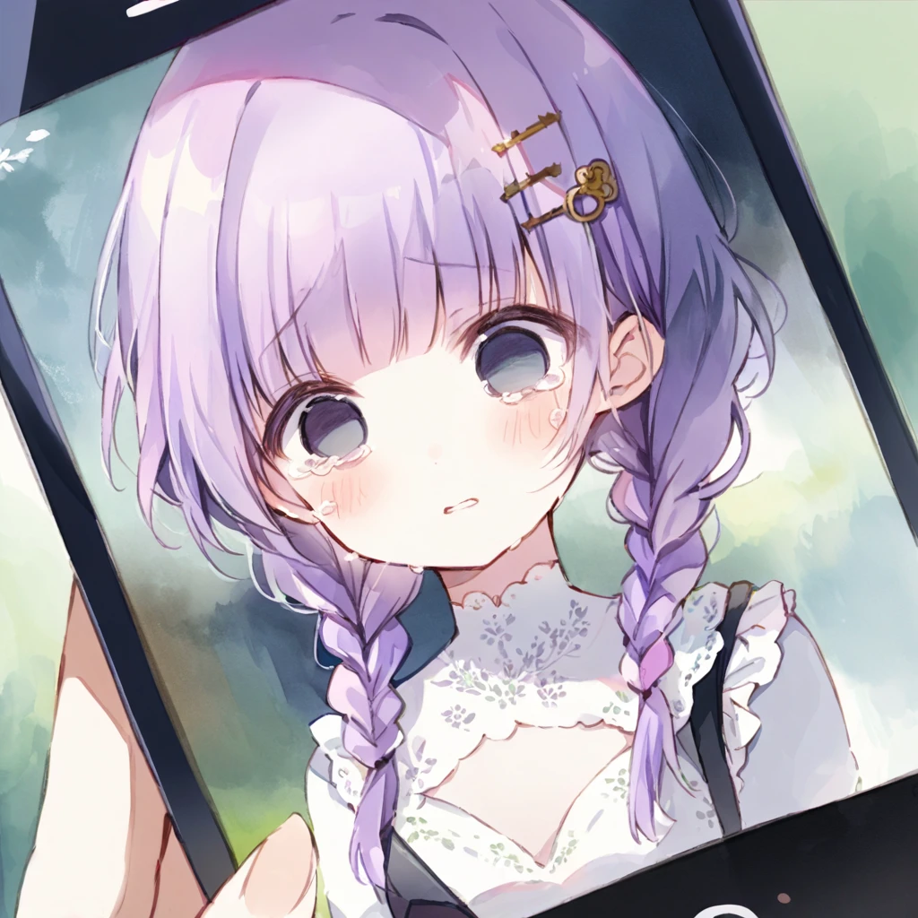 masterpiece, ultra detailed, 8K, full body shot,, a girl, kawaii, light atmosphere, (Cute a girl:1.5), (a girl with closs hair pin, pale purple hair, wavy two braids, blunt bangs hair, green and black eyes empty eyes, yandere, portrait:1.4), anime visual, (tilt head:1.3), extremely delicate face, realistic lighting and shading, (an extremely delicate and beautiful art:1.3),Watercolor painting, a girl, Slender girl with small breasts, Black maid dress,Tears welling up in her eyes as she looks at the LINE page on her smartphone,