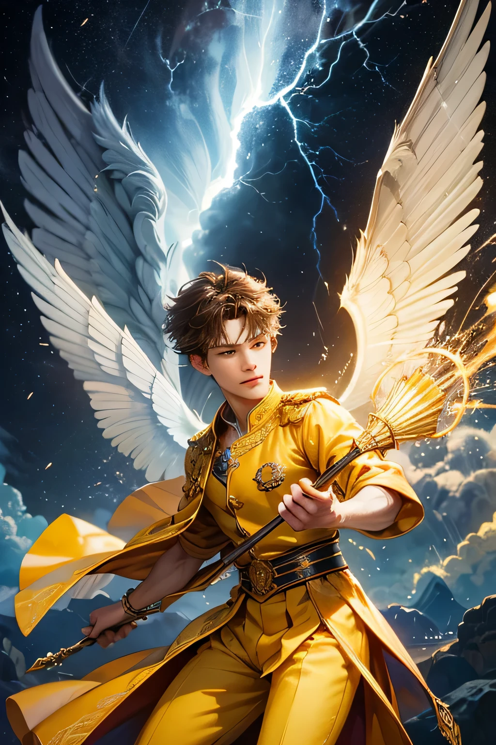 "Create an ultra-realistic image of a handsome, young male fairy, , with magnificent large wings that capture the essence of the sky and thunder. He should be holding a magical staff that emanates the energy of the sky and crackling thunder. Dress him in an elegant, varied yellow outfit that reflects the brilliance and dynamism of the sky. Surround him with elements like swirling clouds and flashes of lightning to showcase his connection to these elements. Include a distinct sky or thunder symbol or design on his body, signifying his role as the keeper of the deep sky and thunder, and highlighting the powerful celestial energy he embodies within him."