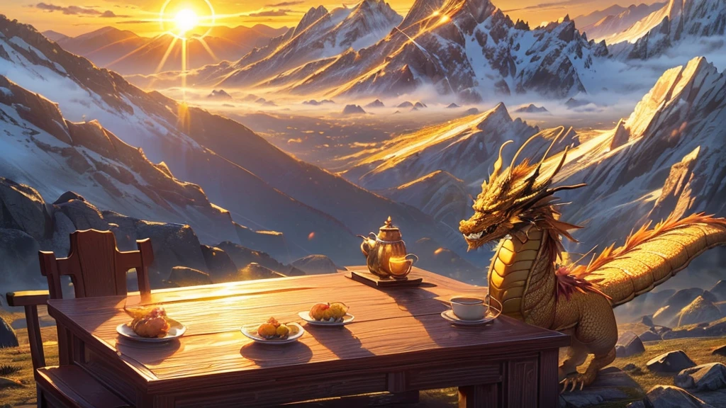 ((Worst quality, low quality)),(Golden Dragon, Golden Dragonの頭:1.3), (sunrise light, Morning Sunshine:1.4), (Beautiful majestic mountains and dragon background:1.4), On the table, best quality, Ultra Detailed,