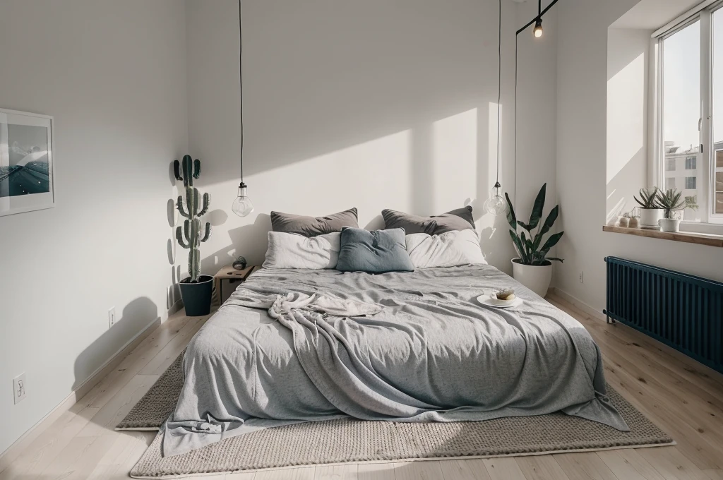 there is a bed with a blanket and pillows in a room, bedroom interior, picture of a loft in morning, fresh modern look, serene bedroom setting, small bedroom, cozy and calm, soft grey and blue natural light, inside of a bedroom, cozy bed, bedroom background, natural light in room, minimalist and clean, with cactus plants in the room, fresh modern style