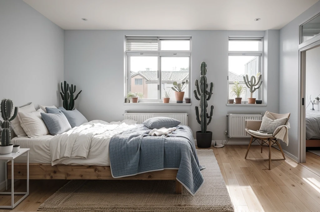 there is a bed with a blanket and pillows in a room, bedroom interior, picture of a loft in morning, fresh modern look, serene bedroom setting, small bedroom, cozy and calm, soft grey and blue natural light, inside of a bedroom, cozy bed, bedroom background, natural light in room, minimalist and clean, with cactus plants in the room, fresh modern style
