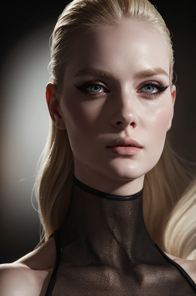 woman pretty, blonde,slicked-blonde-slicked back-hair, sheer dress,pale,eyeliner,portrait,no-makeup ,full body, makeup ,pale woman painting, eyeliner wonderful highly detailed masterpiece, beautiful light deep focus, elegant, digital painting, smooth, dramatic lighting, ultra realistic, 8k, art , black background,black background, black wallpaper