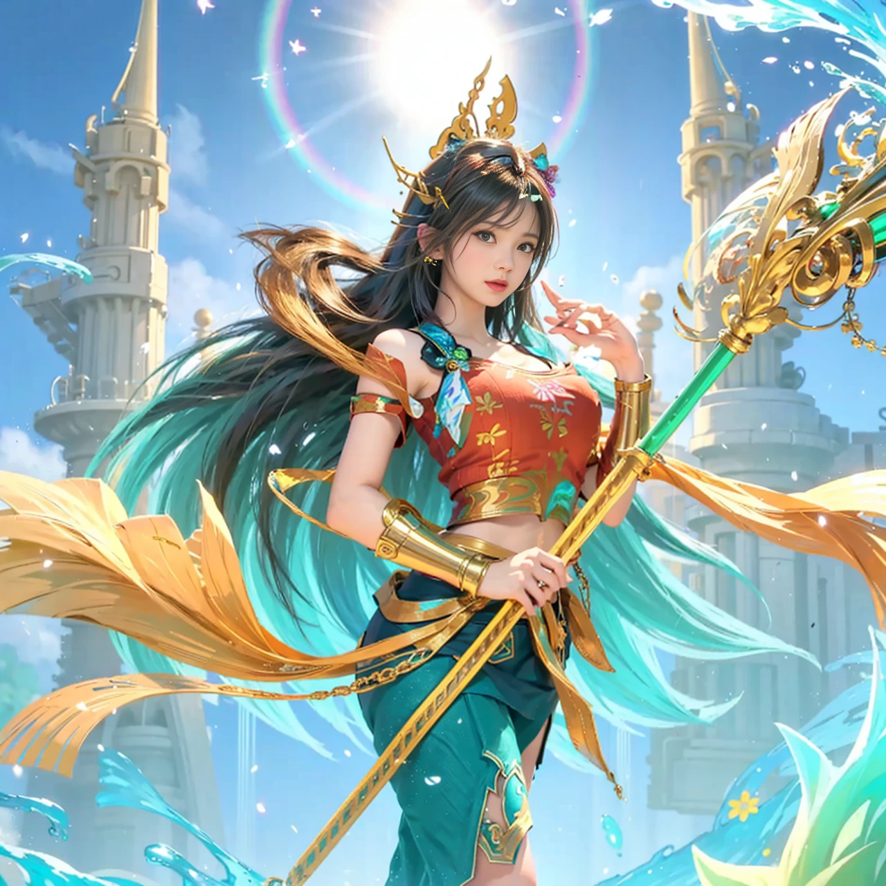 Best Quality, 超A high resolution, masutepiece, (Photorealistic:1.4), Solo Focus, (Slender body huge breasts young woman:1.photography, (Medium Wide Shot Cropped Leg:1.3), Three Quarter View Pose, (Cinematic lighting:1.2), Vibrant, Vivid Color, Detailed face, Detailed eyes, Random hairstyle, (off shoulder shirt, Mini skirt:1.2), (random place, Random seasons, Random weather:1.1)