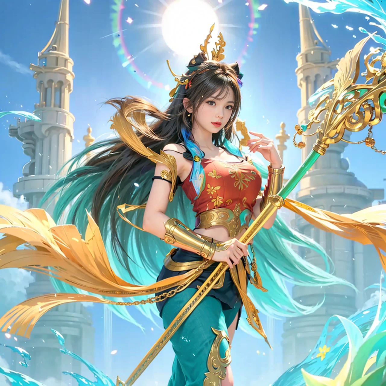 Best Quality, 超A high resolution, masutepiece, (Photorealistic:1.4), Solo Focus, (Slender body huge breasts young woman:1.photography, (Medium Wide Shot Cropped Leg:1.3), Three Quarter View Pose, (Cinematic lighting:1.2), Vibrant, Vivid Color, Detailed face, Detailed eyes, Random hairstyle, (off shoulder shirt, Mini skirt:1.2), (random place, Random seasons, Random weather:1.1)