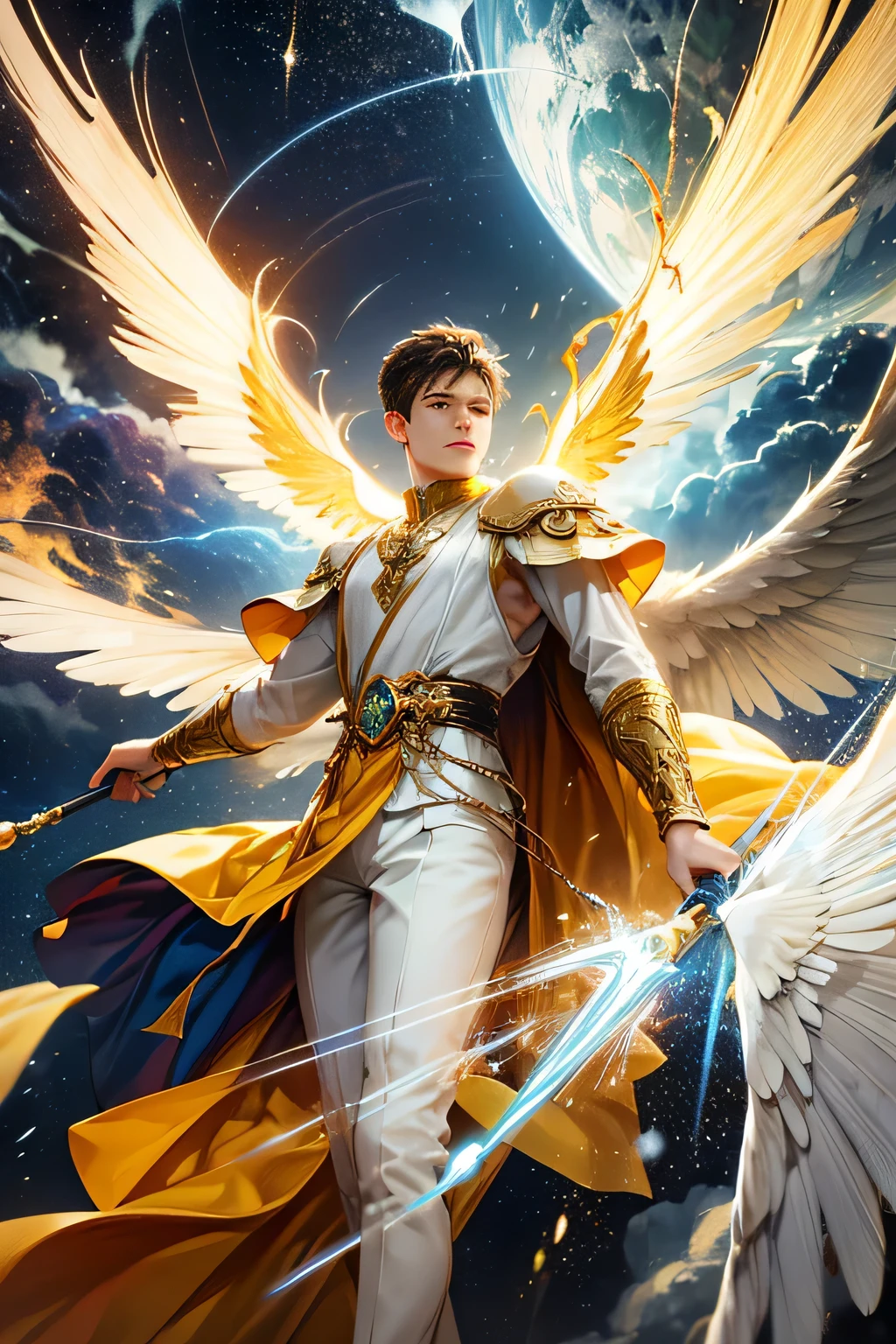 "Create an ultra-realistic image of a handsome, young male fairy, around 13 years old, with magnificent large wings that capture the essence of the sky and thunder. He should be holding a magical staff that emanates the energy of the sky and crackling thunder. Dress him in an elegant, varied yellow outfit that reflects the brilliance and dynamism of the sky. Surround him with elements like swirling clouds and flashes of lightning to showcase his connection to these elements. Include a distinct sky or thunder symbol or design on his body, signifying his role as the keeper of the deep sky and thunder, and highlighting the powerful celestial energy he embodies within him."