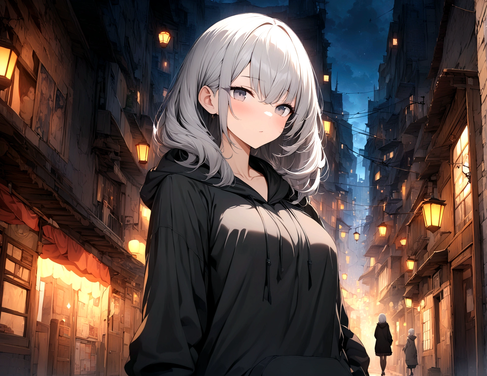 (masterpiece,最high quality,high quality)), ((8K wallpapers integrated with high-definition CG)), (Huge and stunning goddess shot,, Amazing beauty, Perfect proportions, Beautiful body, Slim body beauty:1.1)One girl,City of night,Wearing a hoodie,Gray Hair,Back Alley,8K ,