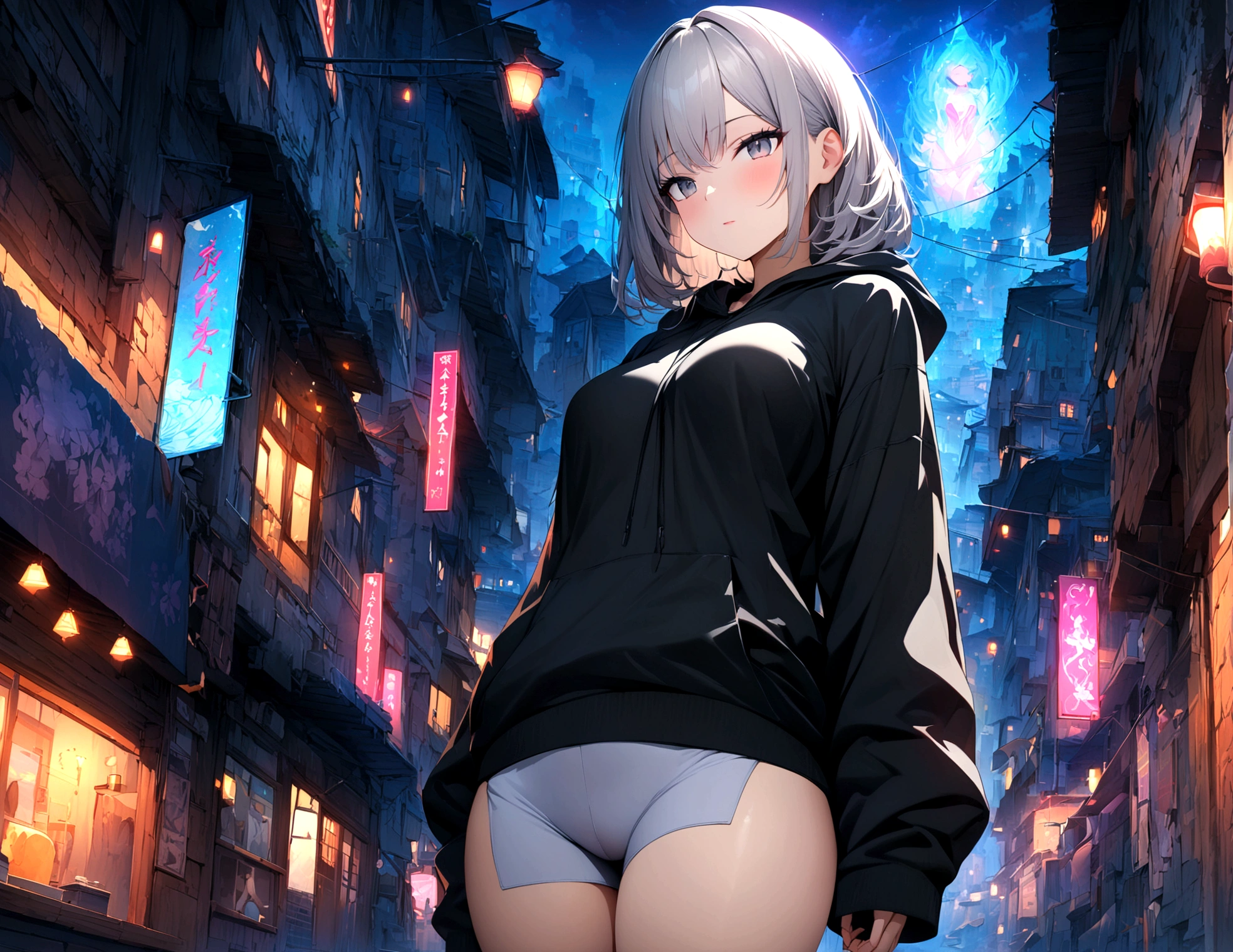 (masterpiece,最high quality,high quality)), ((8K wallpapers integrated with high-definition CG)), (Huge and stunning goddess shot,, Amazing beauty, Perfect proportions, Beautiful body, Slim body beauty:1.1)One girl,City of night,Wearing a hoodie,Gray Hair,Back Alley,8K ,