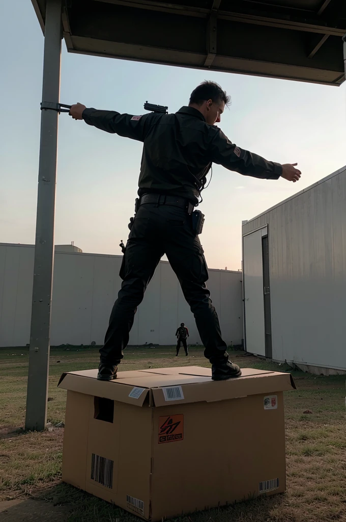 back side view of a guy standing on top of box and shooting down on zombies