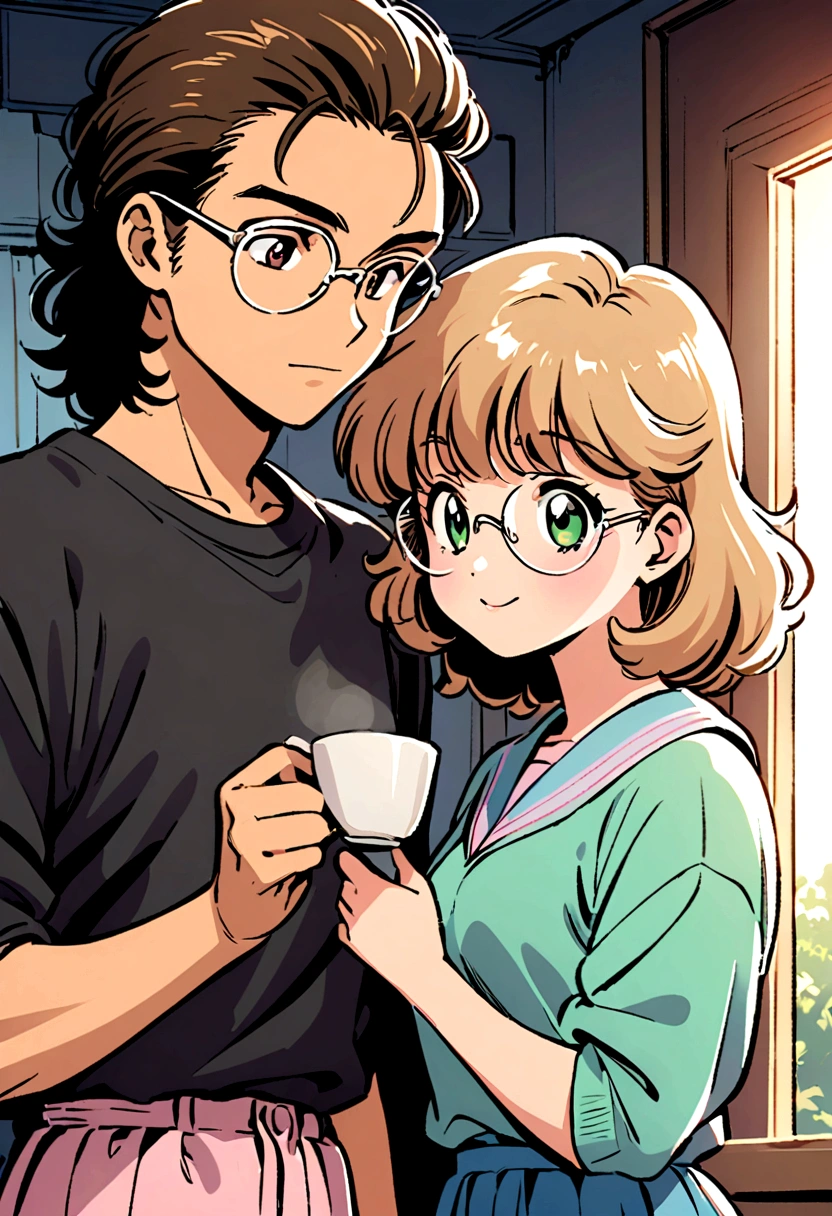 draw style, 80s anime, scene, guy offering coffee to girlfriend on the morning, guy with hair slicked back, wearing round glasses, brown eyes, girl short brown messy hair with green eyes, good morning