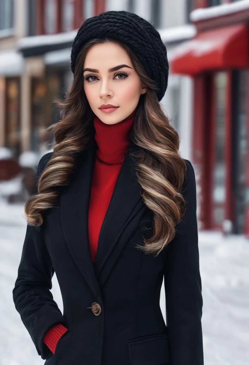 ✅Hair with braid and winter scarf a sophisticated businesswoman, with black hair braided on the sides and down to the shoulders, Linda, elegant and sophisticated in formal clothes and blazer and winter and the winter scarf with fur PASHMINA winter elegant chic and fashion and with winter cap on the head, the clothes have details in red and black, the black blazer. She is 26 years old. she must have her mouth closed, Linda maquiagem, your hand must be ultra HD realistic human. With well-groomed and realistic hands, nails with black nail polish, she poses for a photo shoot and close-up shots. photo 3d 4k