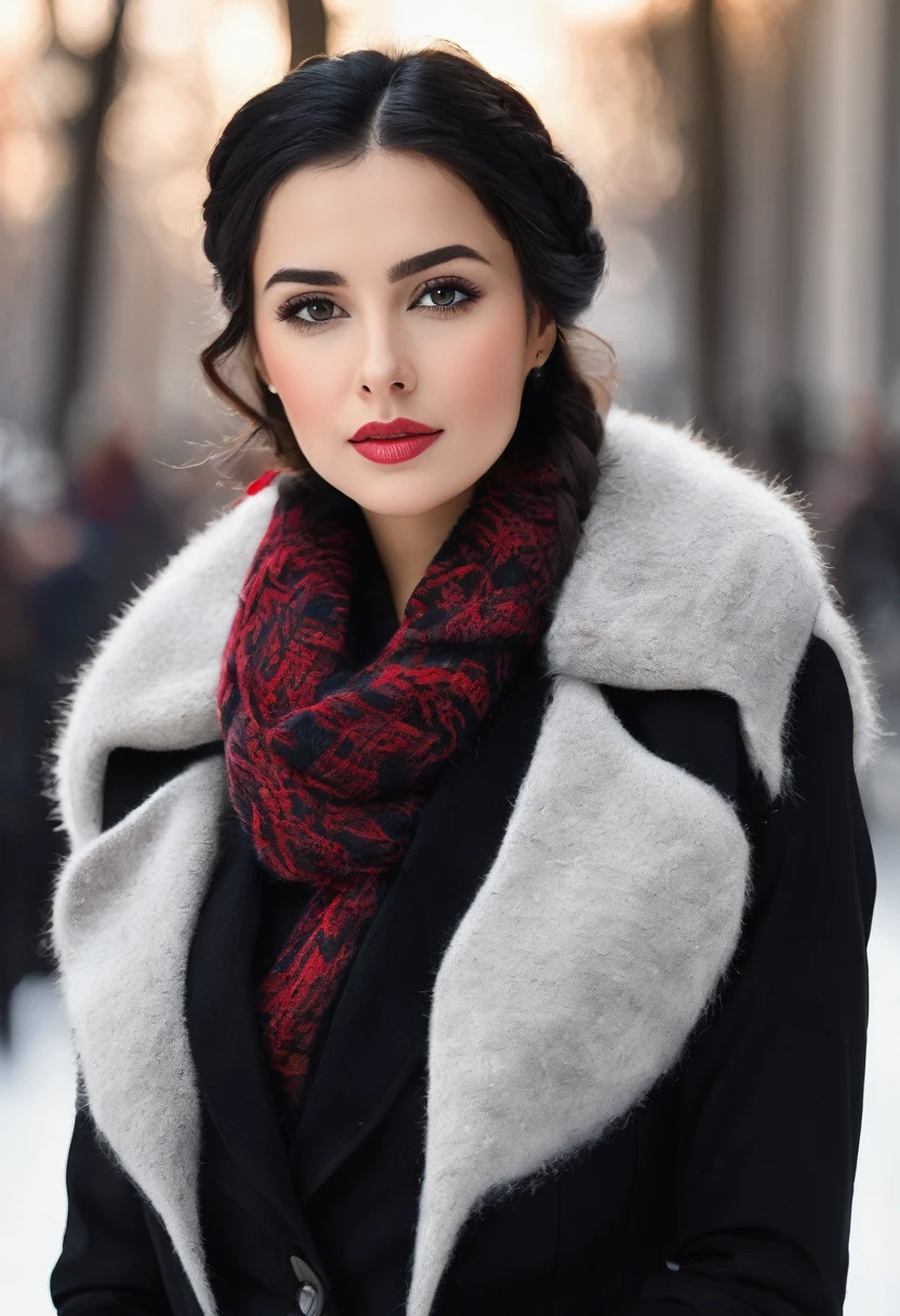 ✅Hair with braid and winter scarf a sophisticated businesswoman, with black hair braided on the sides and down to the shoulders, Linda, elegant and sophisticated in formal clothes and blazer and winter and the winter scarf with fur PASHMINA winter elegant chic and fashion and with winter cap on the head, the clothes have details in red and black, the black blazer. She is 26 years old. she must have her mouth closed, Linda maquiagem, your hand must be ultra HD realistic human. With well-groomed and realistic hands, nails with black nail polish, she poses for a photo shoot and close-up shots. photo 3d 4k