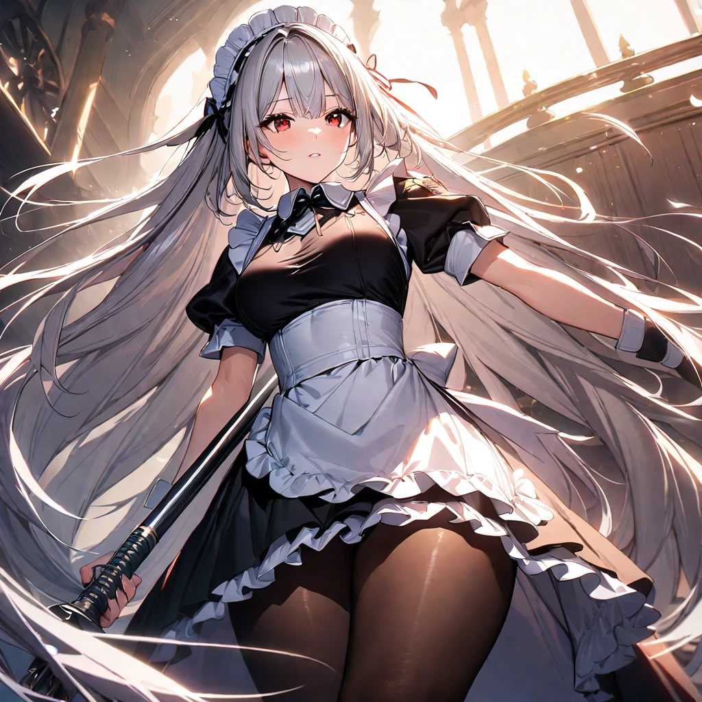 (masterpiece),(Highest quality),(Super detailed),(Best illustrations),(so beautiful), so beautiful長い脚,Silver Hair, Red eyes, Very long hair, pantyhose, Maid, headdress, apron, Long skirt,  holding weapon, huge sword, duel,