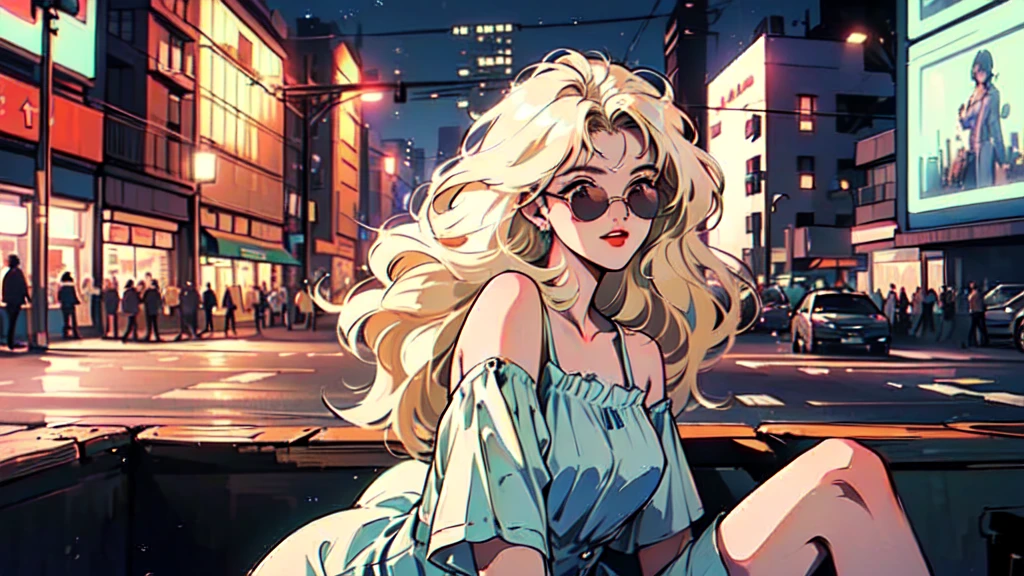 (80's, Retro, City Pop:1.5), (Album cover), (masterpiece, Highest quality, Exquisite detail), (anime, figure), (pastel colour:1.3), Best Photo Poses, Dynamic Angle,girl, alone, cool, Delicate face, Wearing sunglasses, Blonde Hair, Cityscape, City of night,
