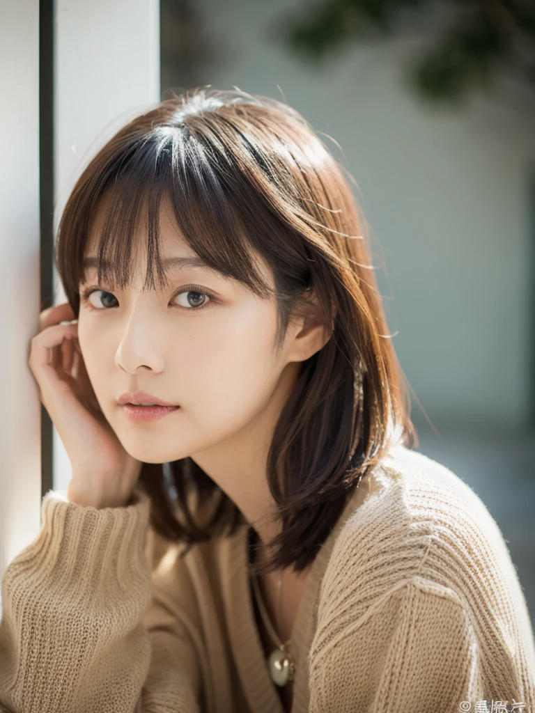 ((masutepiece,top-quality)), (photographrealistic:1.4),((masutepiece,8K))、white wall、(white room)、((full body photo))、shot in natural light、Highly detailed face and skin texture、highly detailed lips、correct state of the human body、Super high resolution、(Photoreal:1.4)、top quality, 1 beautiful woman, 38 years old, s, 150mm lens、Light yellow Knit、(Dark brown medium shorthair)、Japanese woman、(dark brown hair)、Versatile poses、looking at the camera、Natural color lip、Winter clothes、 necklace、Outdoor