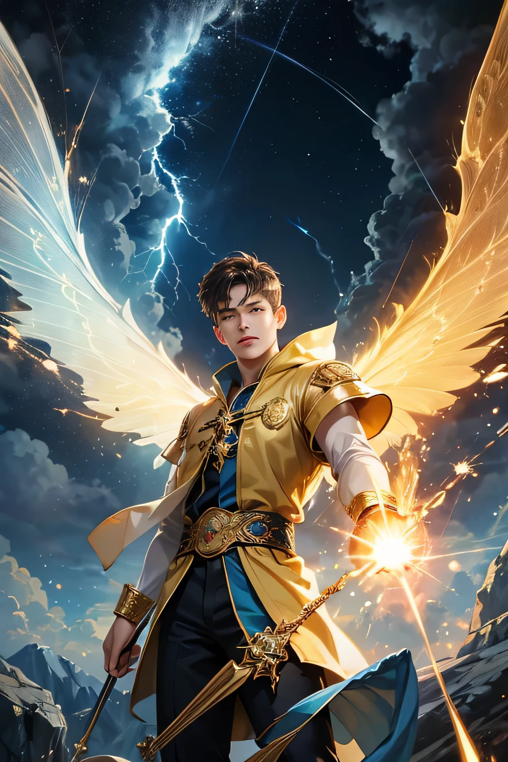 "Create an ultra-realistic image of a handsome, young male fairy, around 13 years old, with magnificent large wings that capture the essence of the sky and thunder. He should be holding a magical staff that emanates the energy of the sky and crackling thunder. Dress him in an elegant, varied yellow outfit that reflects the brilliance and dynamism of the sky. Surround him with elements like swirling clouds and flashes of lightning to showcase his connection to these elements. Include a distinct sky or thunder symbol or design on his body, signifying his role as the keeper of the deep sky and thunder, and highlighting the powerful celestial energy he embodies within him."