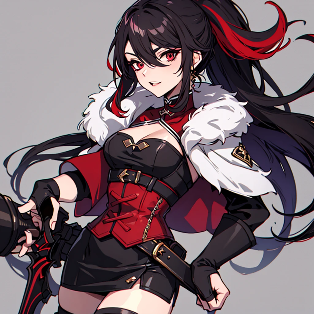 Rogue human woman, with red hair and black streaks, long high ponytail, white corset, black mini skirt, black thigh high boots, black jacket, with a dagger