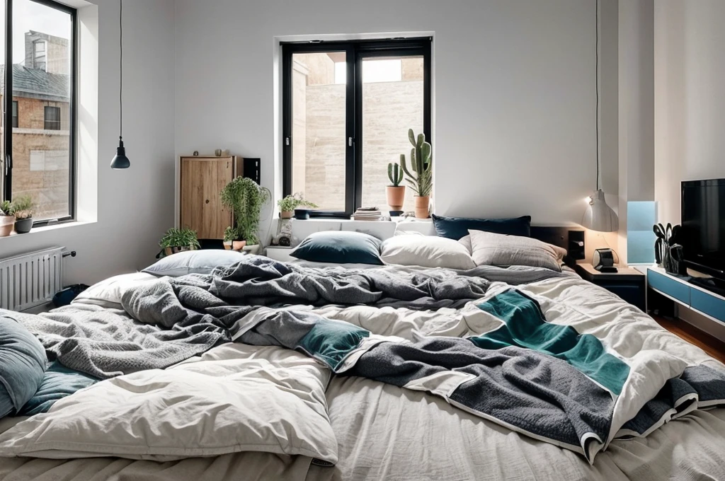 there is a bed with a blanket and pillows in a room, bedroom interior, picture of a loft in morning, fresh modern look, serene bedroom setting, small bedroom, cozy and calm, soft grey and blue natural light, inside of a bedroom, cozy bed, bedroom background, natural light in room, minimalist and clean, with cactus plants in the room, fresh modern style