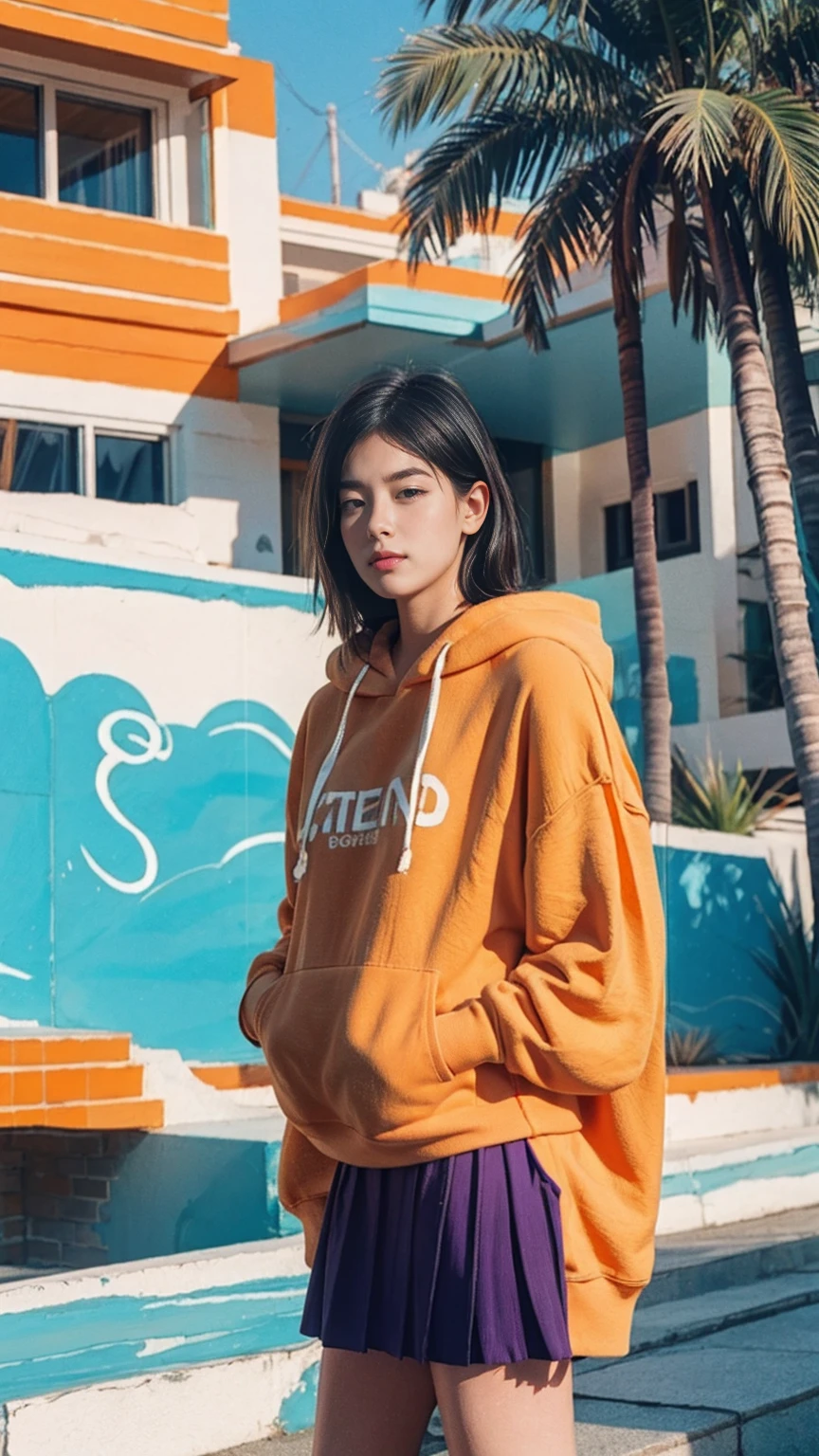 Fujifilm XT3,1 girl ,her pose exudes a sense of and joy,close up photo, wear (((color orange oversized_hoodie))), wear ((purple tennis skirt)),hands in hoodie pocket,looking front,Best Quality,Masterpiece,Ultra High Resolution,(Realisticity:1.4),Original Photo,light leak,ultra high resolution,UHD,beautiful, (bokeh:1) black bob hair, almond eye, no makeup, in front of (80's mondrian architecture motel), (realistic:1.2), (surreal:1.3), (very detailed:1.1), ((masterpiece)),summer, blue sky, palm trees,sunny, los angles vibes