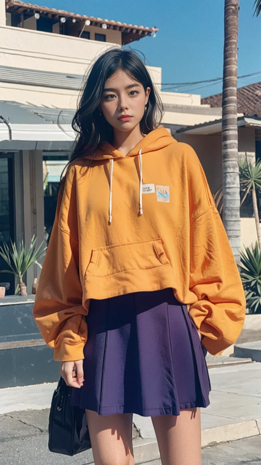 Fujifilm XT3,1 girl ,her pose exudes a sense of and joy,close up photo, wear (((color orange oversized_hoodie))), wear ((purple tennis skirt)),hands in hoodie pocket,looking front,Best Quality,Masterpiece,Ultra High Resolution,(Realisticity:1.4),Original Photo,light leak,ultra high resolution,UHD,beautiful, (bokeh:1) black bob hair, almond eye, no makeup, in front of (80's mondrian architecture motel), (realistic:1.2), (surreal:1.3), (very detailed:1.1), ((masterpiece)),summer, blue sky, palm trees,sunny, los angles vibes